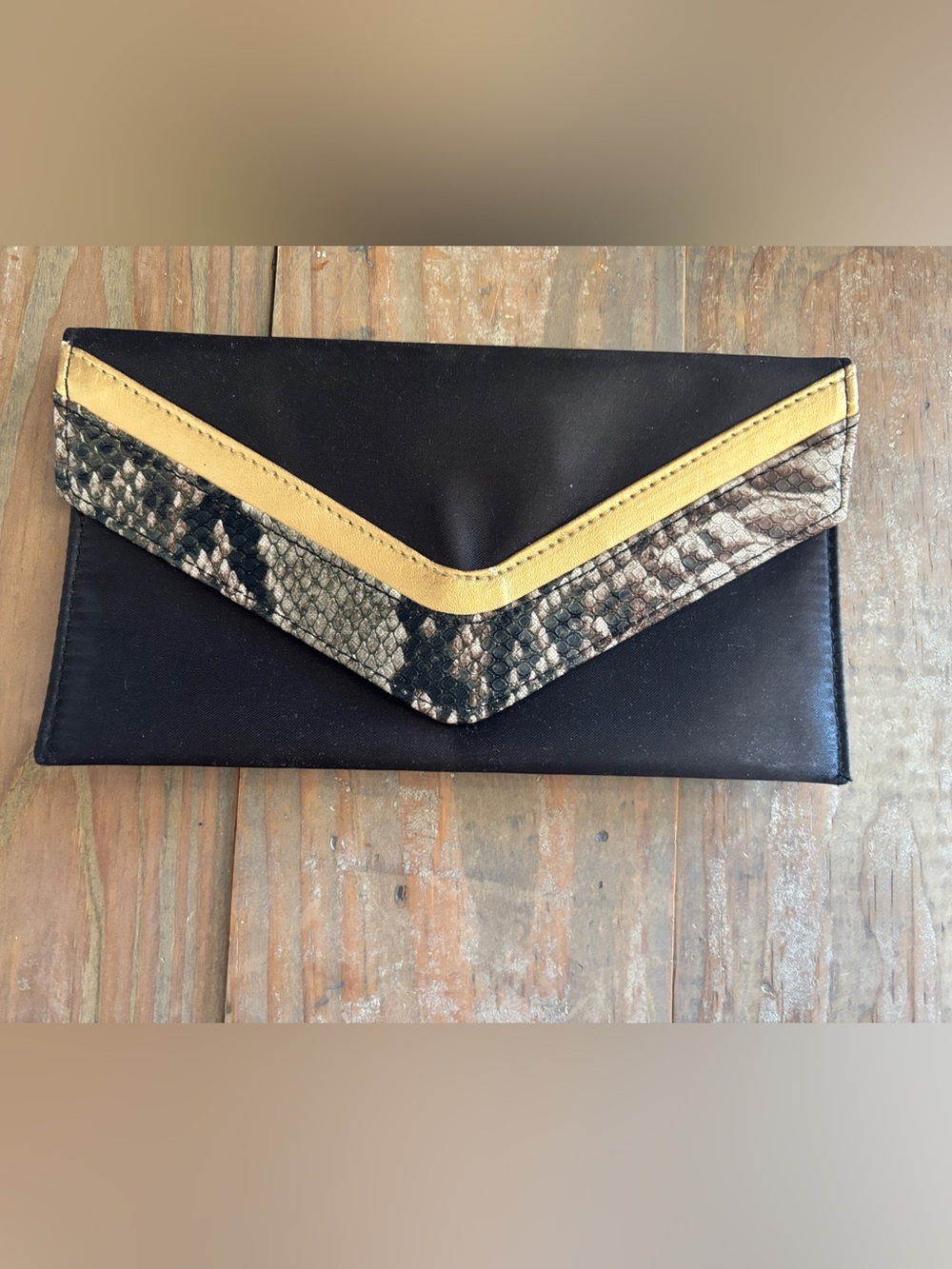 Black Envelope Clutch with Snake-Print Accent and Cream Trim